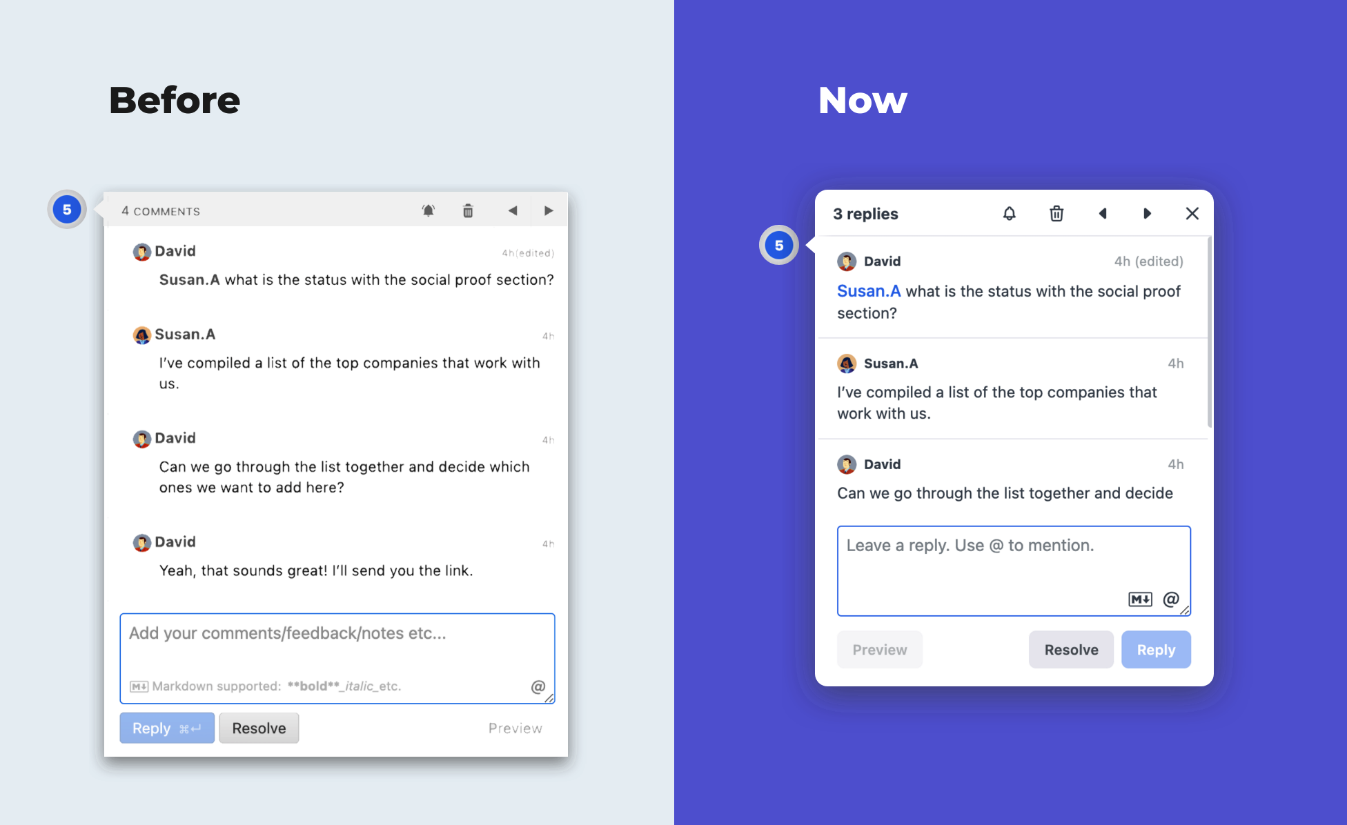 Split image showing comparison between on page comment pop-up design before the redesign and after the redesign.