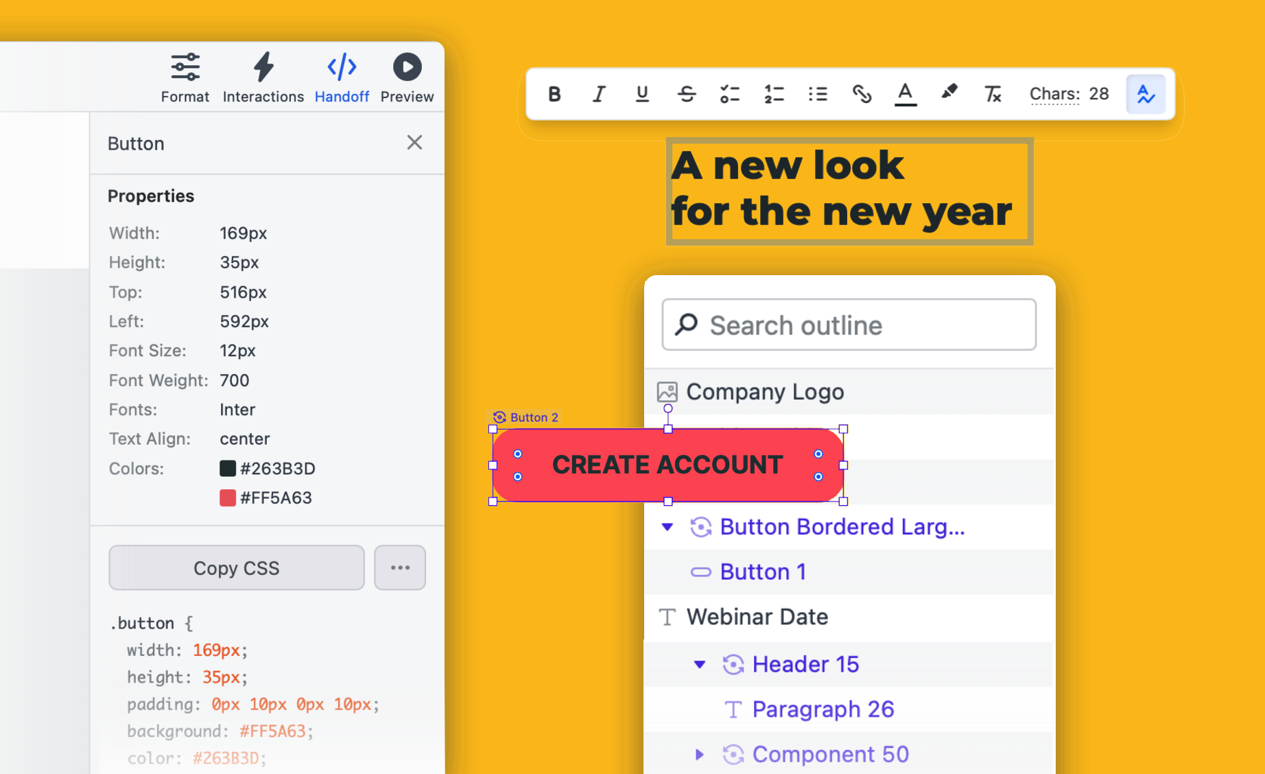 Stylized image showing the redesign Moqups Handoff Panel, the updated contextual toolbars and purple coloured components.