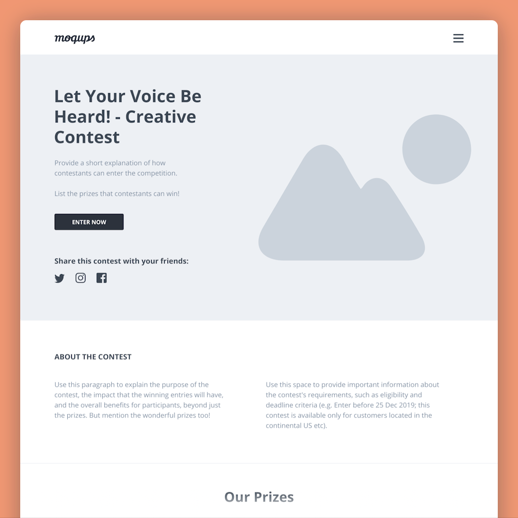 contest landing page wireframe template mockup of a page about contest with prizes