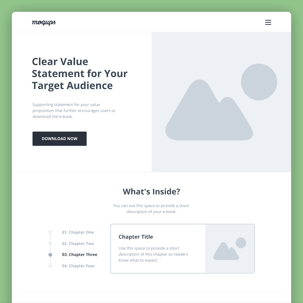 ebook landing page wireframe template Mockup of a e-book promotional landing page