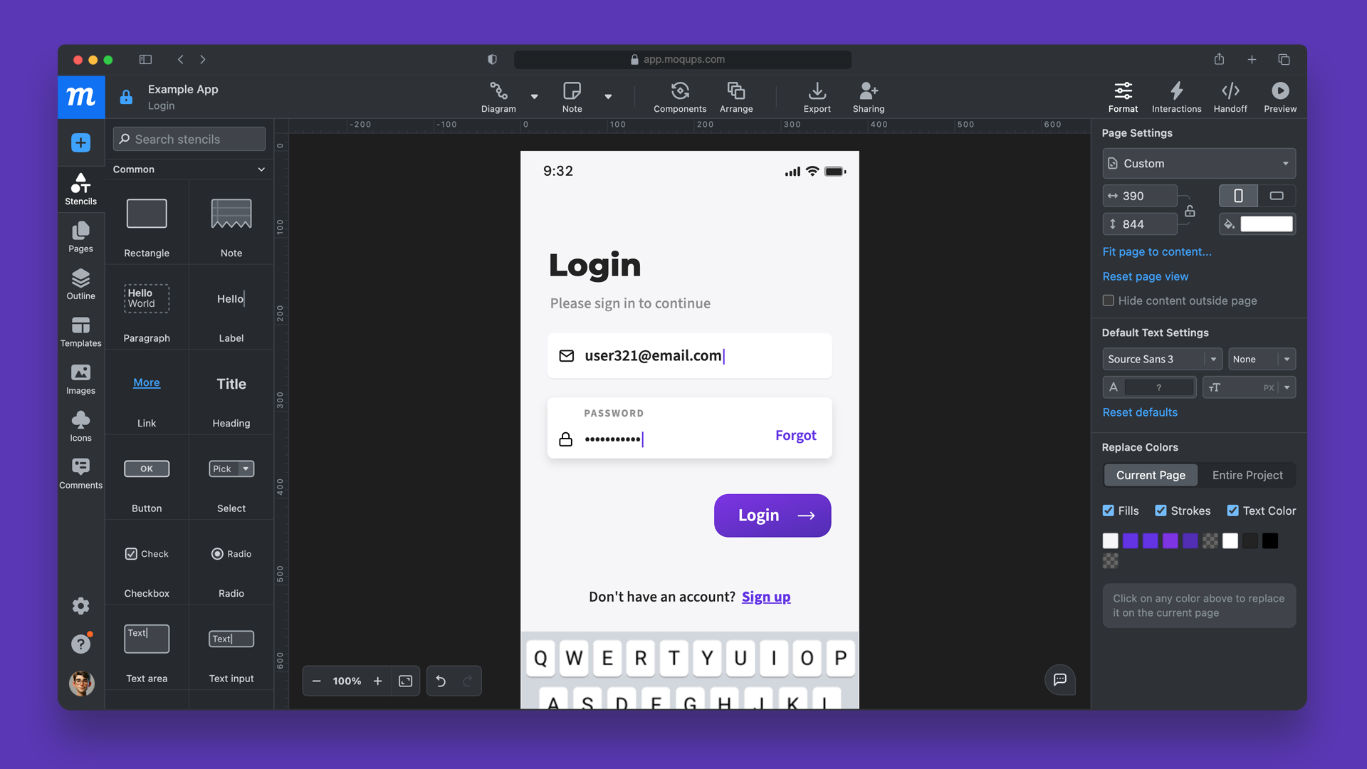 Image showing redesign Moqups editor, in dark mode.