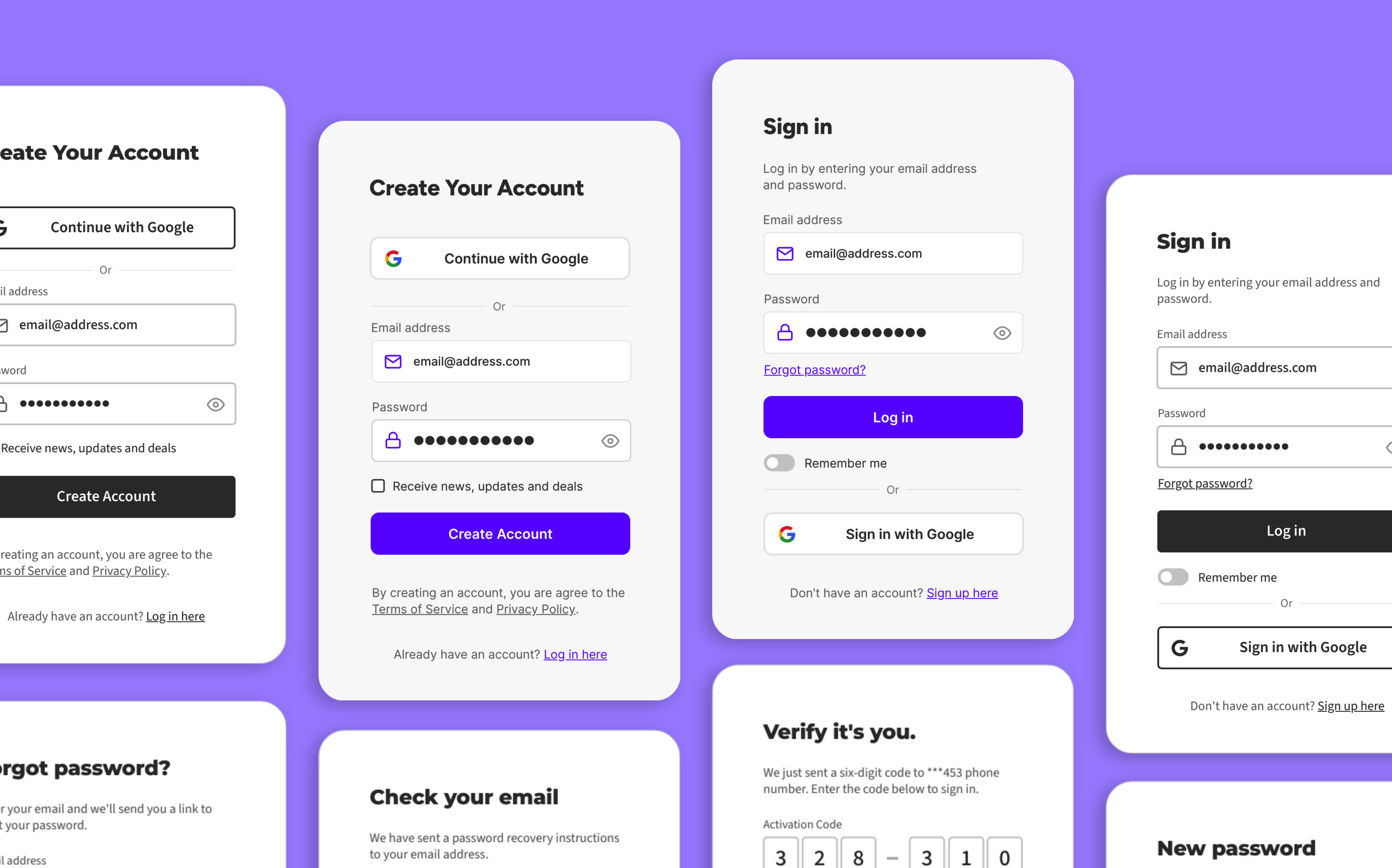 Static visual showing different screens from the new sign in/sign up template in Moqups.
