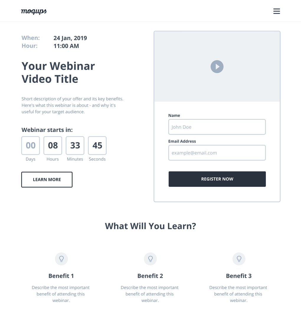 Webinar Landing page Wireframe Template