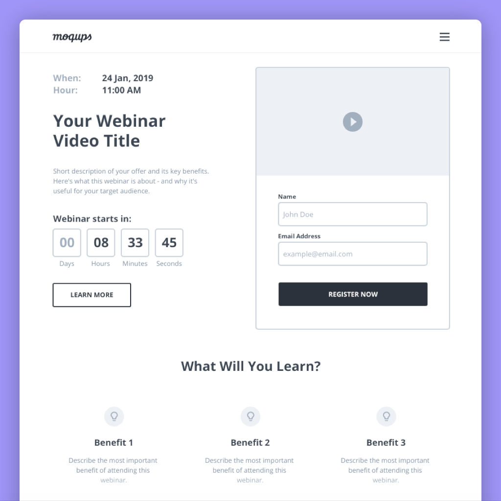 webinar landing page wireframe template mockup of a page informing about upcoming webinar with visible countdown clock