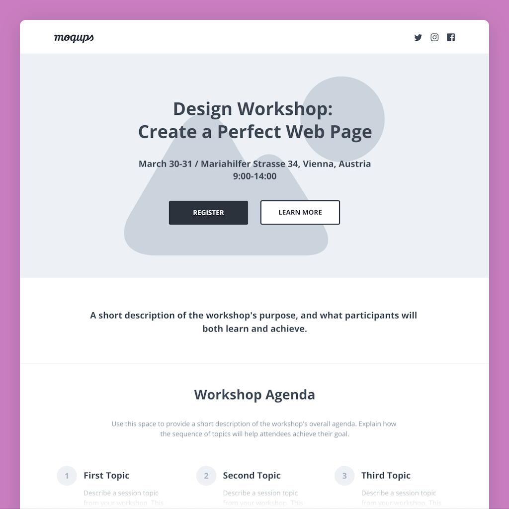 workshop landing page wireframe template Wireframe of a website about registration for workshop